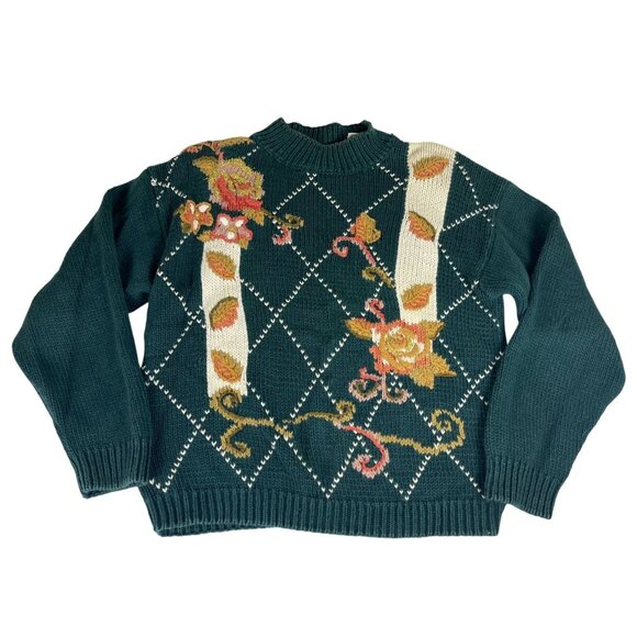 Vintage Colleen's Collectables Floral Sweater Women M Green White Shoulder Pads - Picture 1 of 5